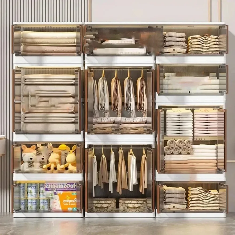 ##For Folding Wardrobe Storage Cabinet Installation Free Movable Transparent Kids Clothing