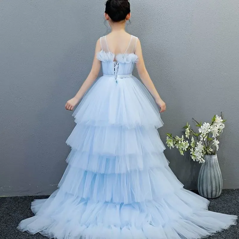 Sky Blue High Low Long Train tutu gown Girl Ball Gown Princess First Communion Prom Costumes Dress Flower 2023