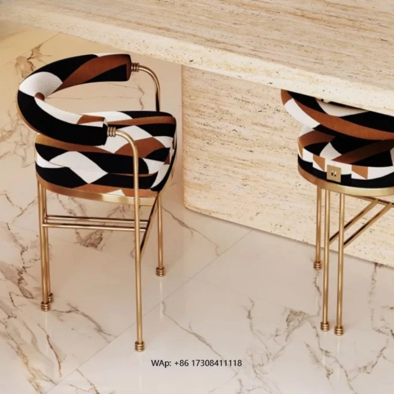 Luxury Modern Style Gold Bar Stools Bright Floral Fabric High Chair Bar Coffee Shop Restaurant Elegant Metal Chairs
