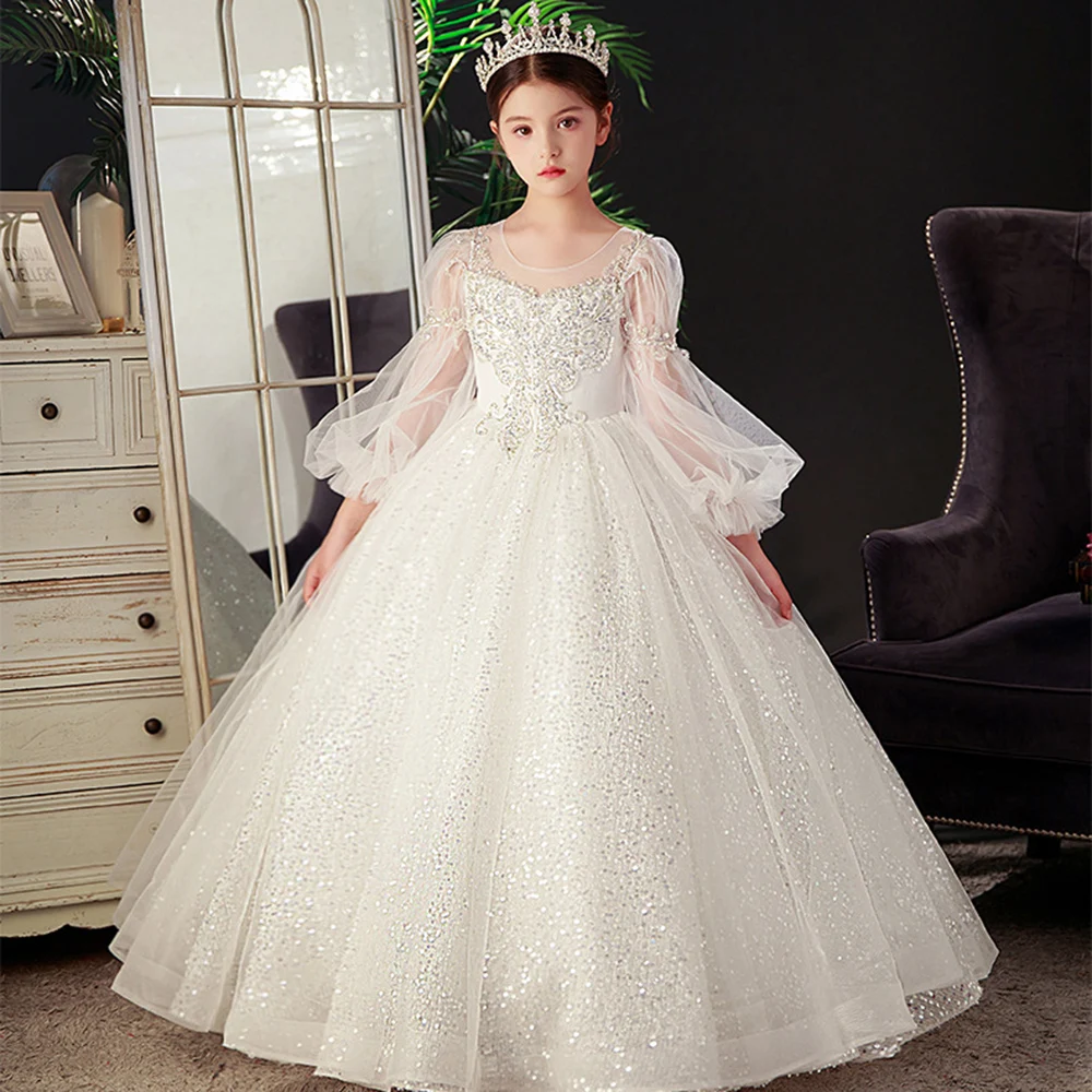 

Fashion White Sequins Long Dress For Girls Children Birthday Banquet Shiny Costumes Graduation Prom Host High end Dresses