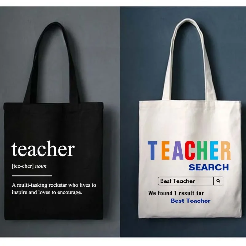 

Teacher Print Canvas Black Shopping Tote Teacher Life Book Bag Handbag Back To School Season Best Gifts Reusable Shoulder Bags