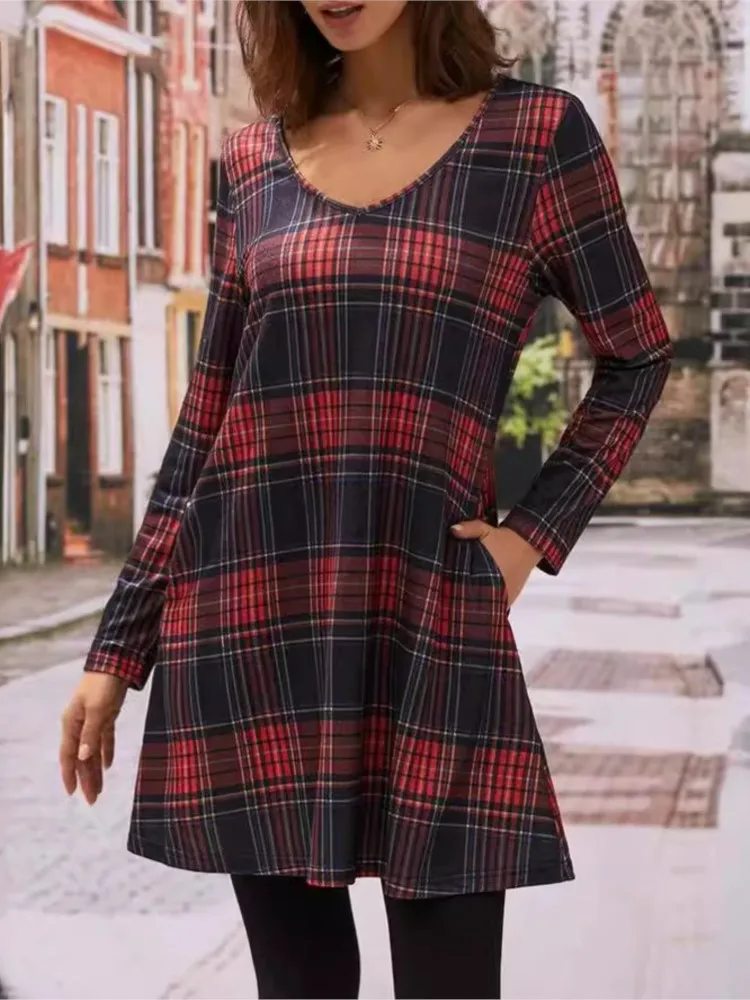 Autumn Winter New Women's Fashion Plaid Printed Pocket Sexy V-neck Casual Loose Long Sleeved Dress For Women