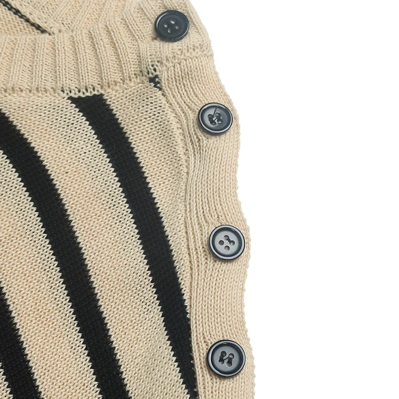 Women's Black Striped Shoulder Button Cropped Knitted Sweater Long Sleeve Autumn Winter Casual Loose Fit Daily Fashion Pullover