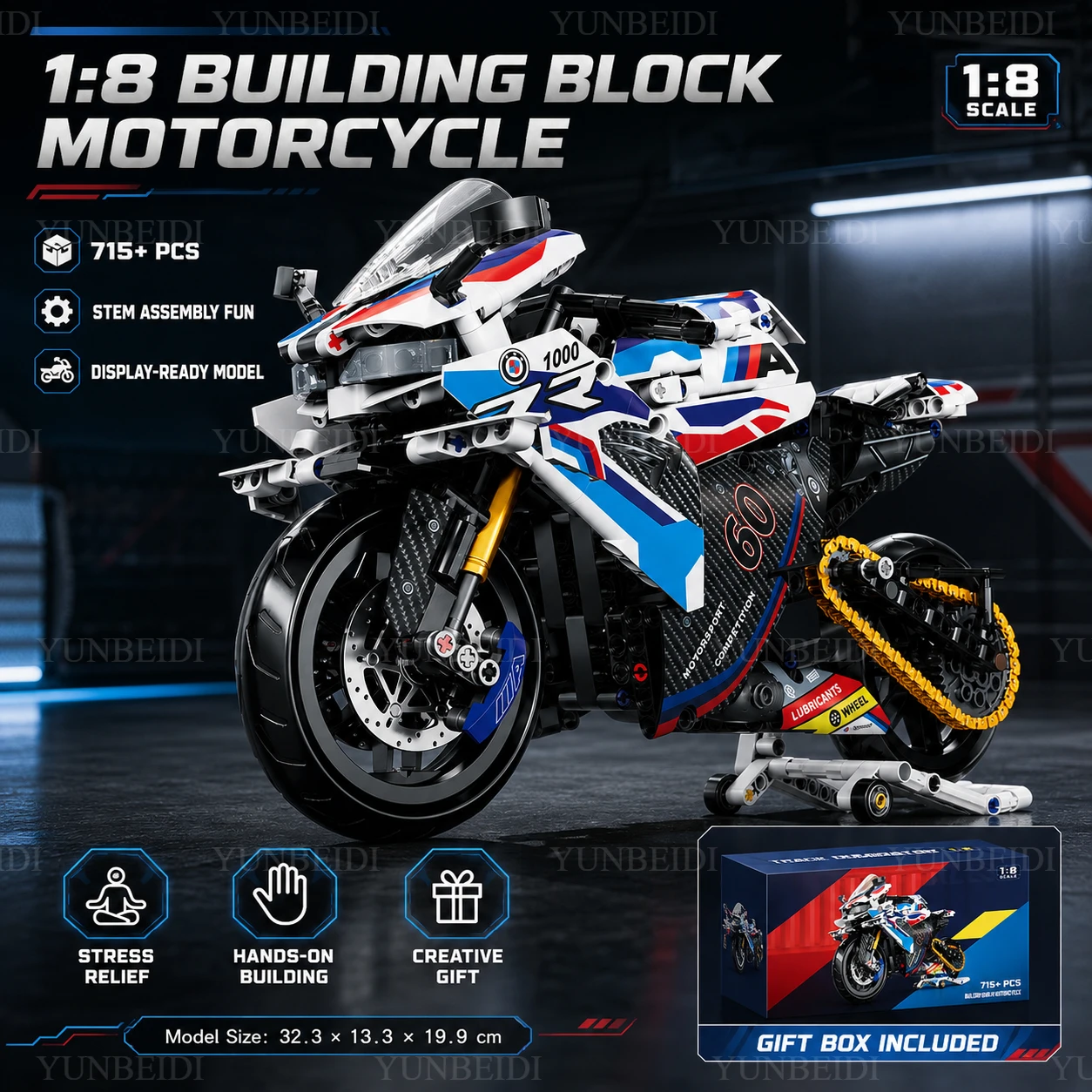 Image of 1:8 Motorrad-Baustein-Modell-Set 715 Teile+ Motorrad-Bausatz Lernspielzeug für Erwachsene Sammlerstück Weihnachtsgeschenk für Kinder