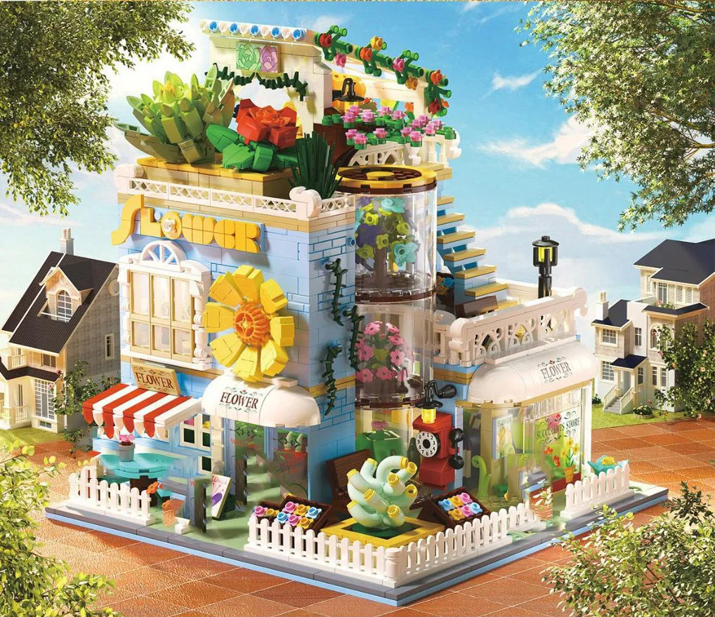 Kreative Stadt Straßenbild Architektur Mini Block Street View Sukkulente Blume Werkstatt Bausteine Spielzeug Mit Licht