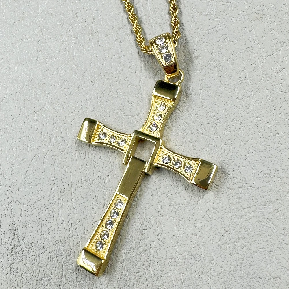 HIP hop Men/Women Cross Pendant Necklace with rhinestone Gold Color 316L Stainless Steel Necklace Popular Jewelry