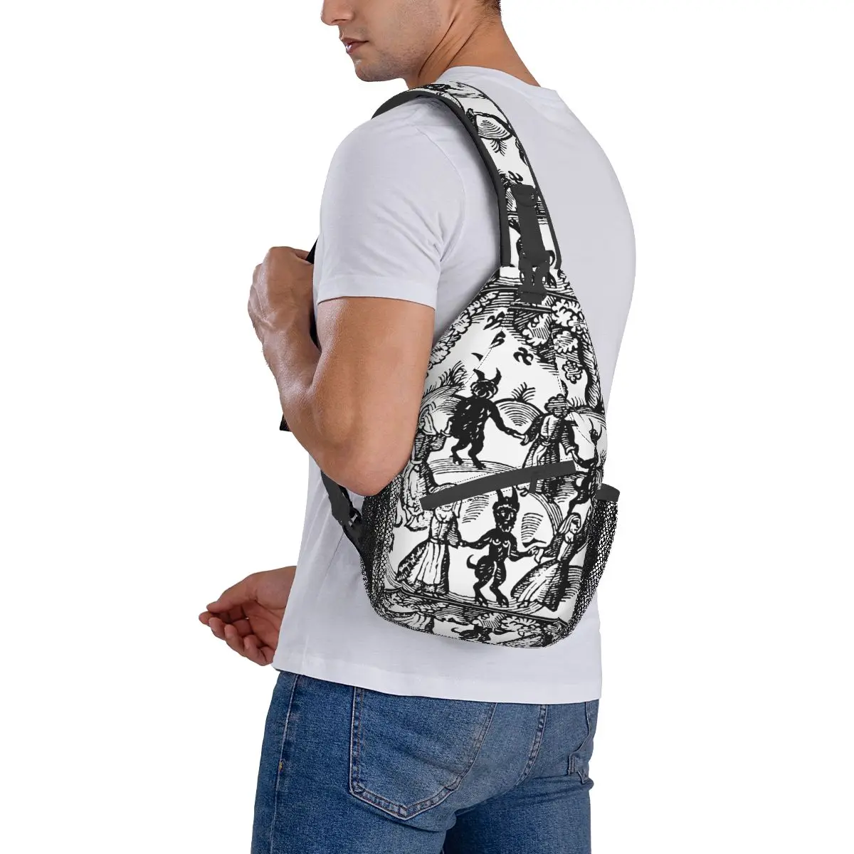 Dance With The Devil Sling Bags Chest Crossbody Shoulder Backpack Hiking Daypacks Skull Goat Bohemian Pagan Wiccan Horror Bag