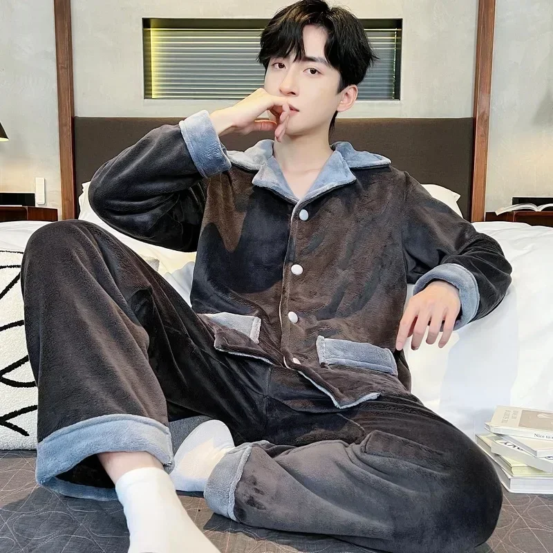 

New 2Pcs Pajama Sets Men Winter Thick Coral Fleece Homewear Soft Warm Turn-down Collar Pajamas Male Flannel Button Sleepwear