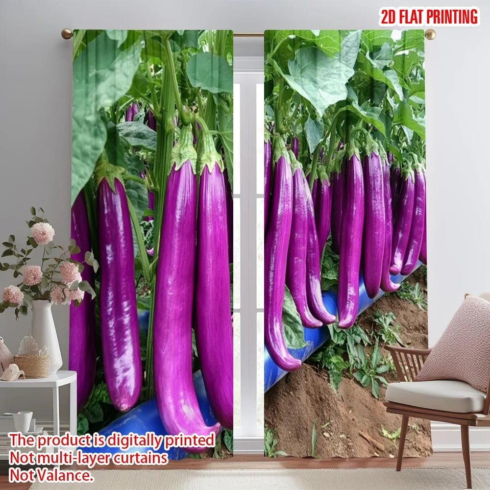 3D Purple Eggplant Curtains Realistic Vegetable Garden Print Window Drapes Novelty Kitchen Farmhouse Decor