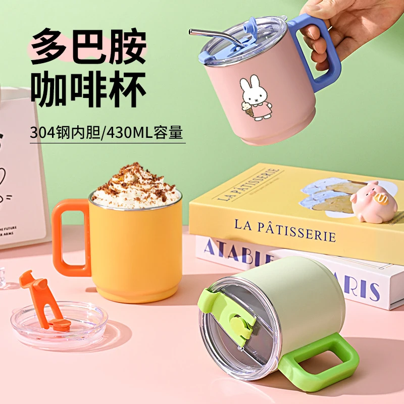 

Miffy Rabbit Cartoon Cute Dopamine Coffee Cup Mug with Lid and Straw High Appearance Level Office Camping Water Cup