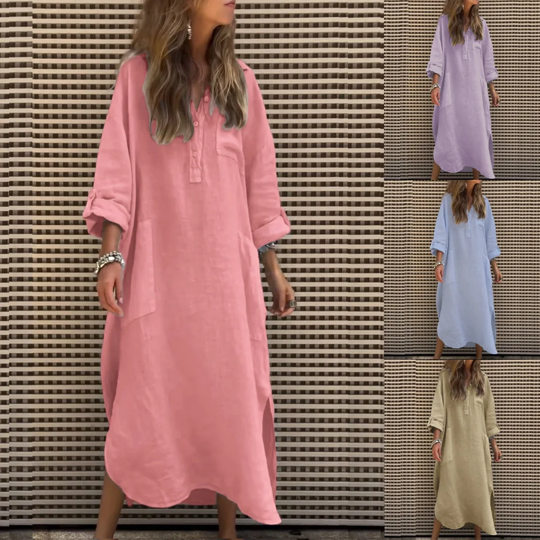 

2026 New Women's Spring Summer Elegant Solid Color Irregular Dress Simple Button Pocket Long Dress Women's Clothing