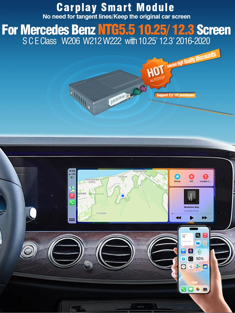 AUTOTOP Kabelloses Apple CarPlay Android Auto Interface für Mercedes Benz NTG5.5 W213 E-Klasse W222 S-Klasse W205 C-Klasse W176 A-Klasse 8 Zoll / 10,25 Zoll / 12,3 Zoll Nachrüstbox MirrorLink AirPlay
