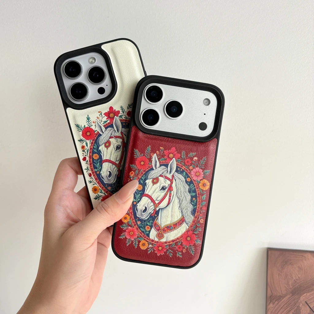 2026 سنة النمط الصيني الأحمر الأبيض الحصان إطار صور زهرة إكليل نمط غطاء الهاتف القضية آيفون 17 16 15 14 13 برو ماكس #2