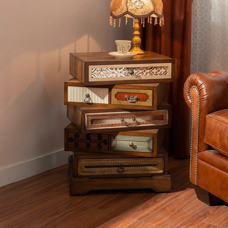 

American retro rotating bedside table antique designer small side cabinet solid wood locker small apartment storage cabinet