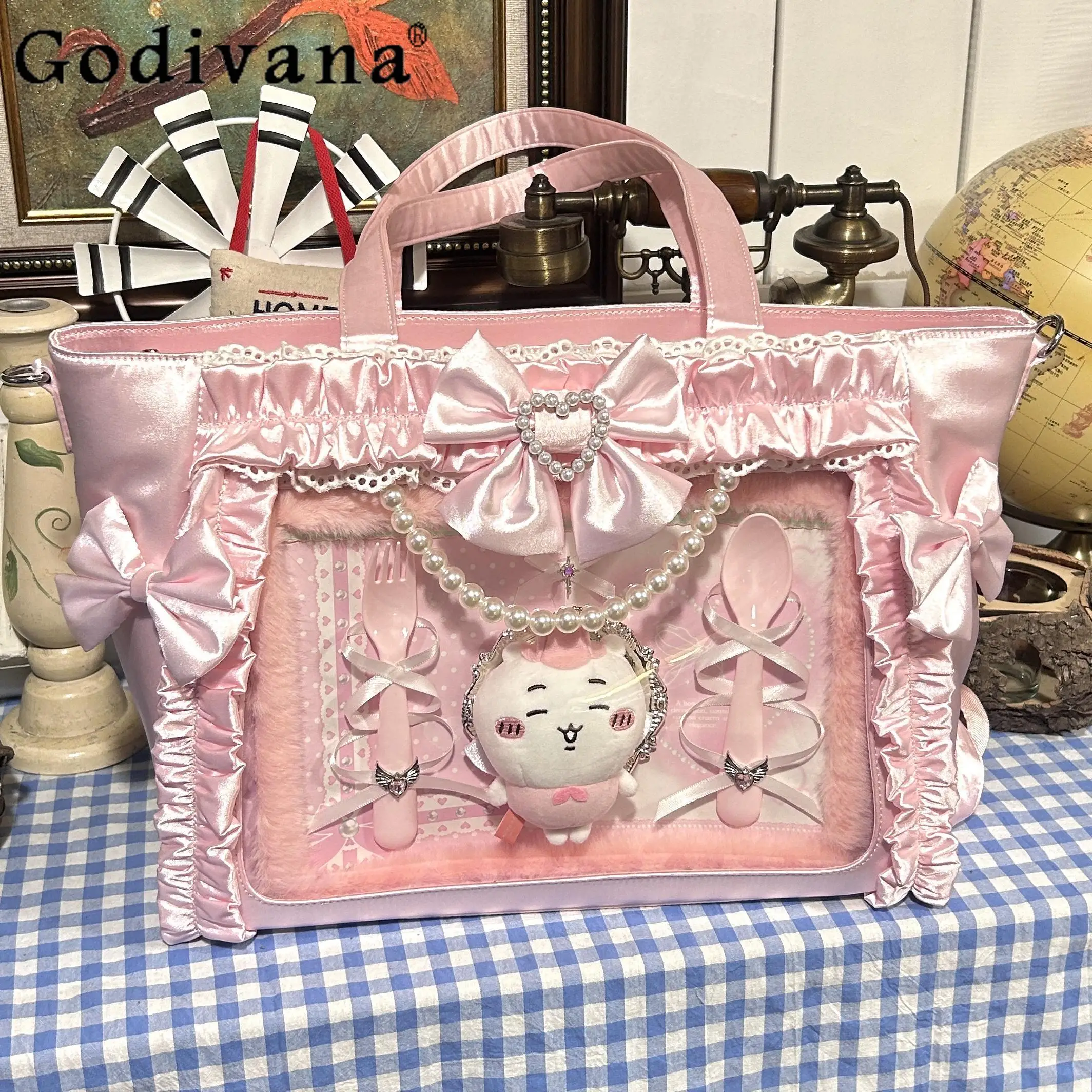 

Japanese Original Sweetheart Girl Satin Bow Pearl Lace Pain Bag Daily Versatile Commute Large Capacity Transparent Tote Bag