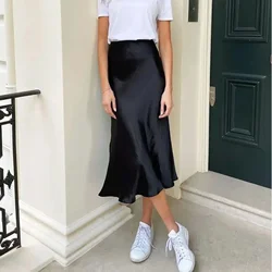 2024 Summer Chic Office Satin Midi Skirt Women Fashion Korean Casual High Waist Elegant Slim Long Skirt Chic Female Office Lady