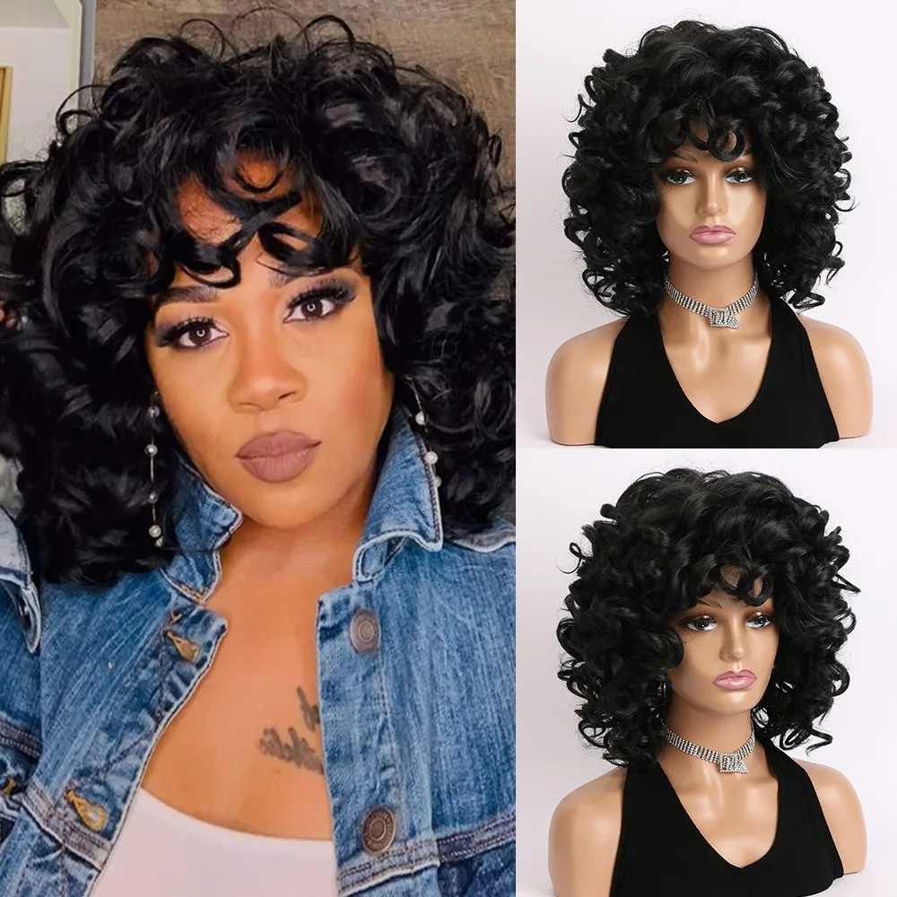 Perucas sintéticas encaracoladas pretas com Franja para mulheres, cabelo Afro Kinky, peruca cosplay sem cola, aparência natural, moda