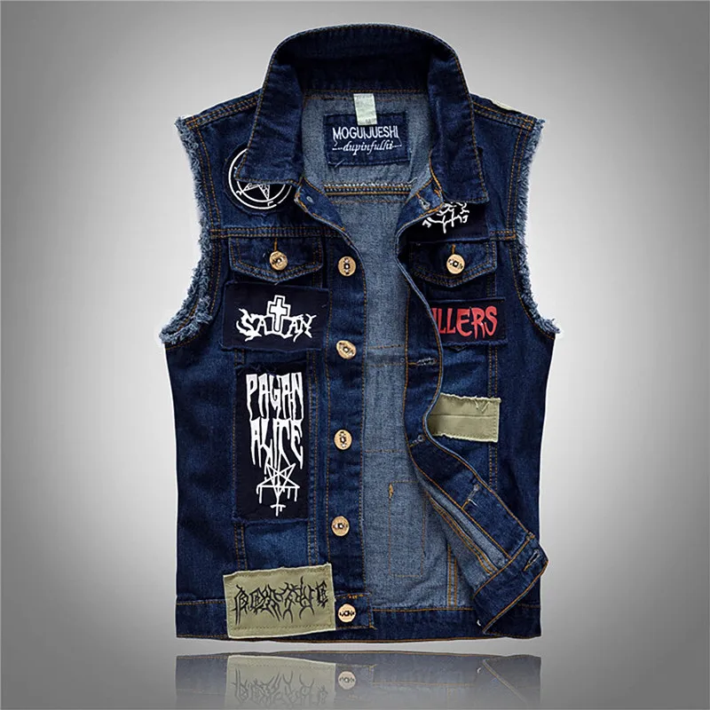 Dark Blue Men's Sleeveless Vest Coat; Asian-sized, Single-breasted Denim Jacket with Patch Print Detailing and A Notched Collar.