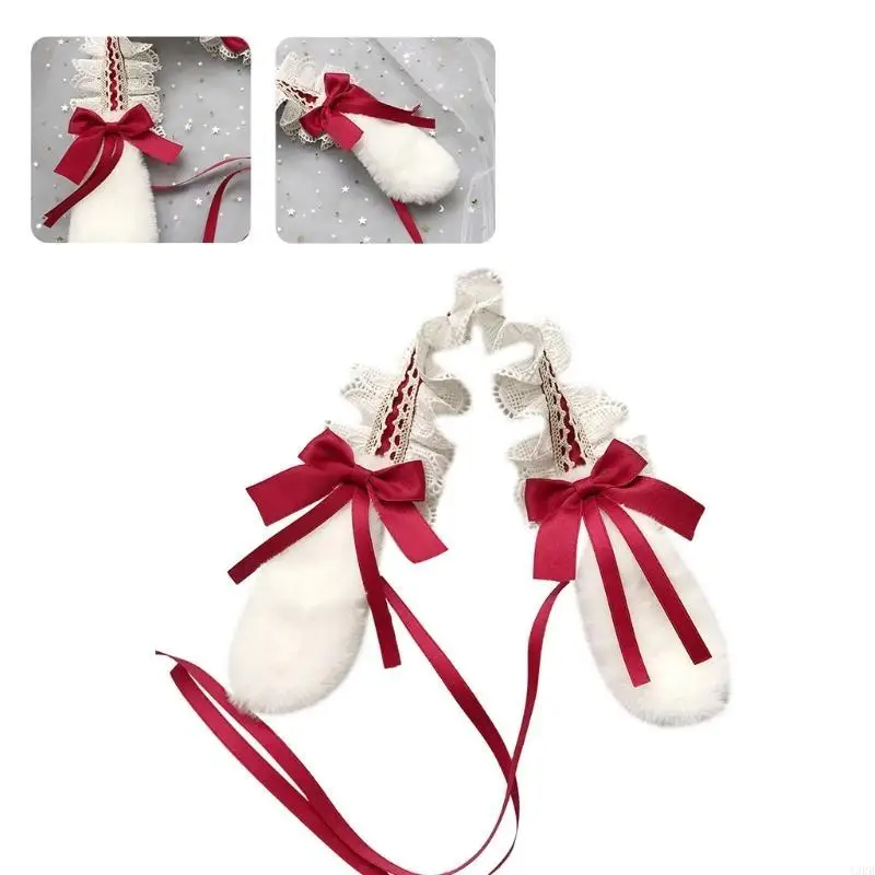 

Plush Headband Ruffle Lace Headband Maid Headdress with Ribbon