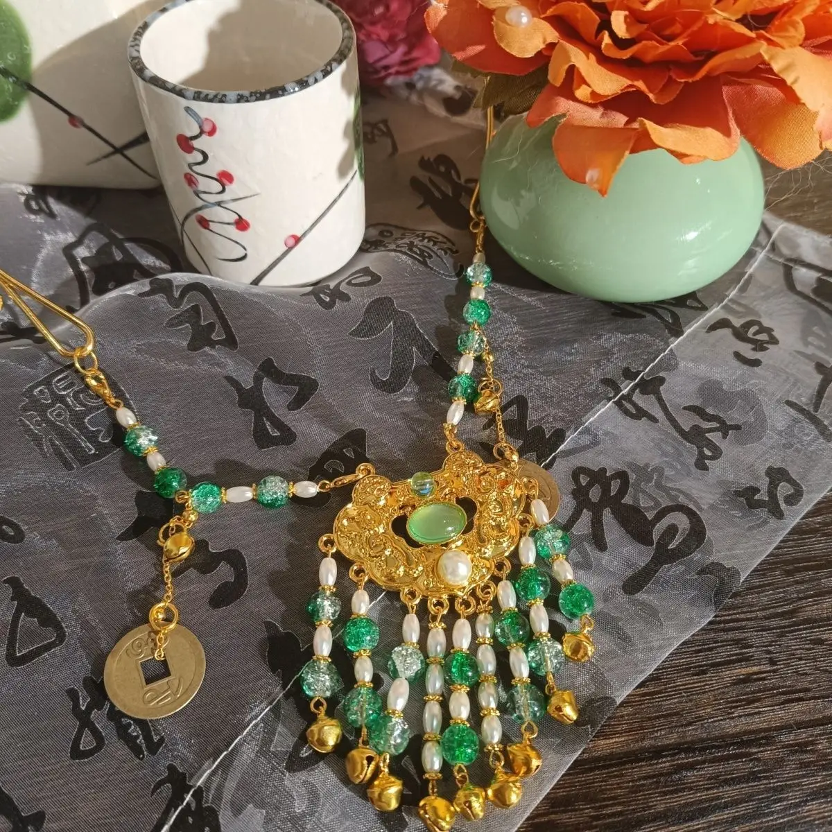 สร้อยคอ TGCF ชื่อ Qi Rong สำหรับคอสเพลย์ ทำมือ พู่ห้อยสไตล์โบราณ อนิเมะ สีเขียว