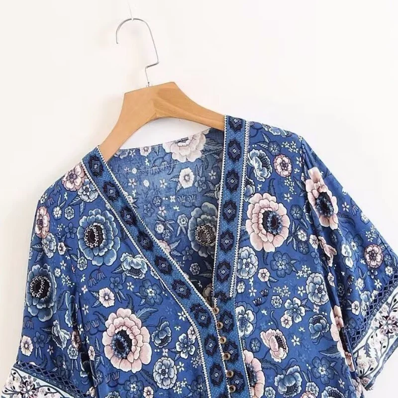 فستان نسائي صيفي قصير الأكمام للعطلات فستان كاجوال لقضاء عطلة الشاطئ فستان نسائي فضفاض مناسب بطبعة زهور فستان بوهو ميدي #3