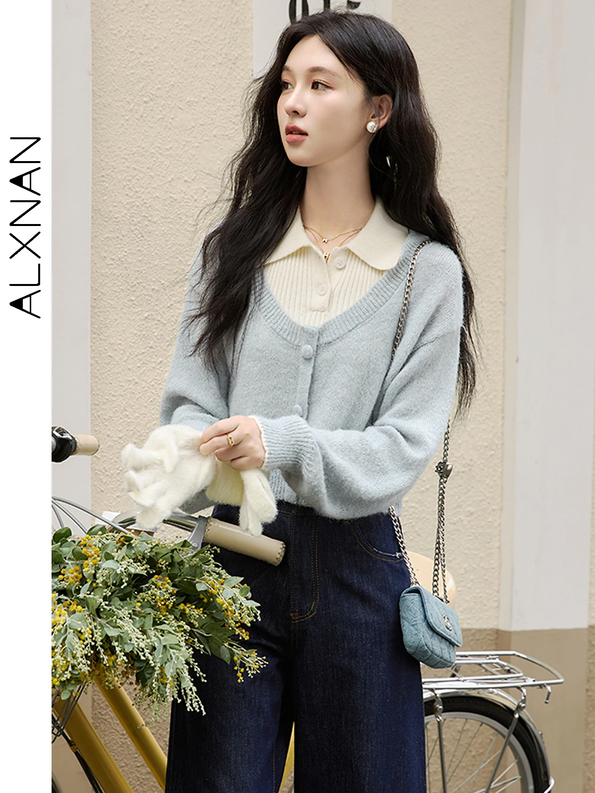 ALXNAN Women's Sweater Vest 2024 Autumn Fashion Polo Collar Sleeveless Striped Female Slimming Tops Sold Separately DYL661315-2