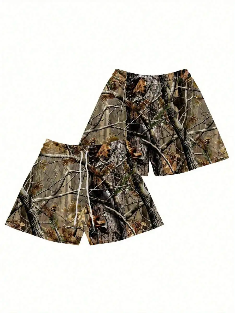 Camouflage Branch Print Athletic Shorts Lightweight Breathable Drawstring Waist Outdoor Fitness Running Beach