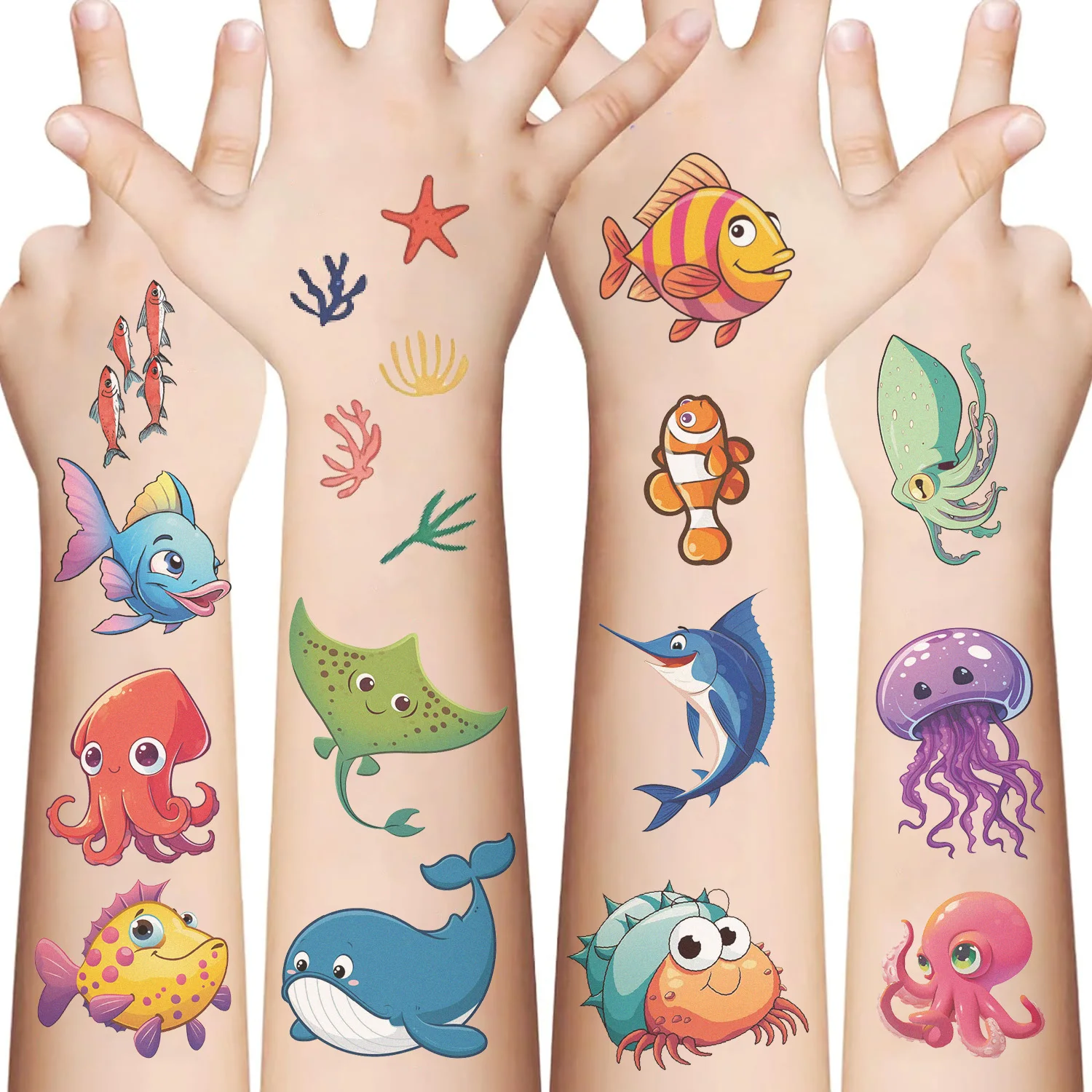 10 Blatt/Set Ozean Fisch Wal Gefälschte Tattoo Aufkleber Cartoon Marine Leben Temporäre Tattoos DIY Körper Arme Kunst Tattoo Aufkleber