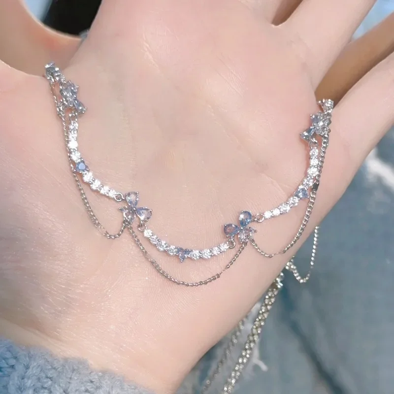 Double Layer Butterfly Women's Necklace With Rhinestones  Korean Fashion Gorgeous Wedding Gift Clavicle Chain For Femme Jewelry