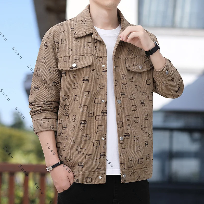 

2025 New Spring and Autumn New Men's Corduroy Lapel Jacket Fashion Casual Comfortable Versatile Simple Large Size Jacket