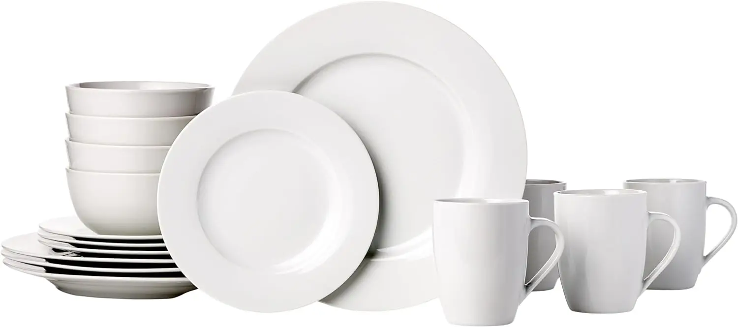 

Basics 16-Piece Porcelain Kitchen Dinnerware Set with Plates, Bowls and Mugs, Service for 4 - White