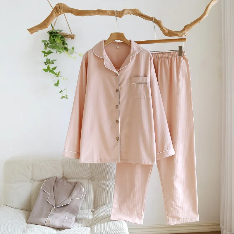 2026 New Spring And Autumn Couple's Pajama Set 100% Cotton Gauze Men's And Women's Solid Color Long Sleeve Home Clothing Set