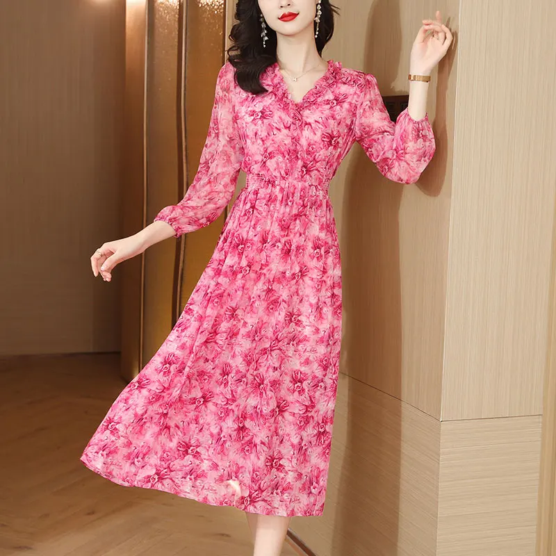 Spring/Summer 2023 New Slim Fit Pink Silk Ruffle Skirt V-Neck Long Sleeve Dress Ladies Chiffon Print Slim Knee Length Dress