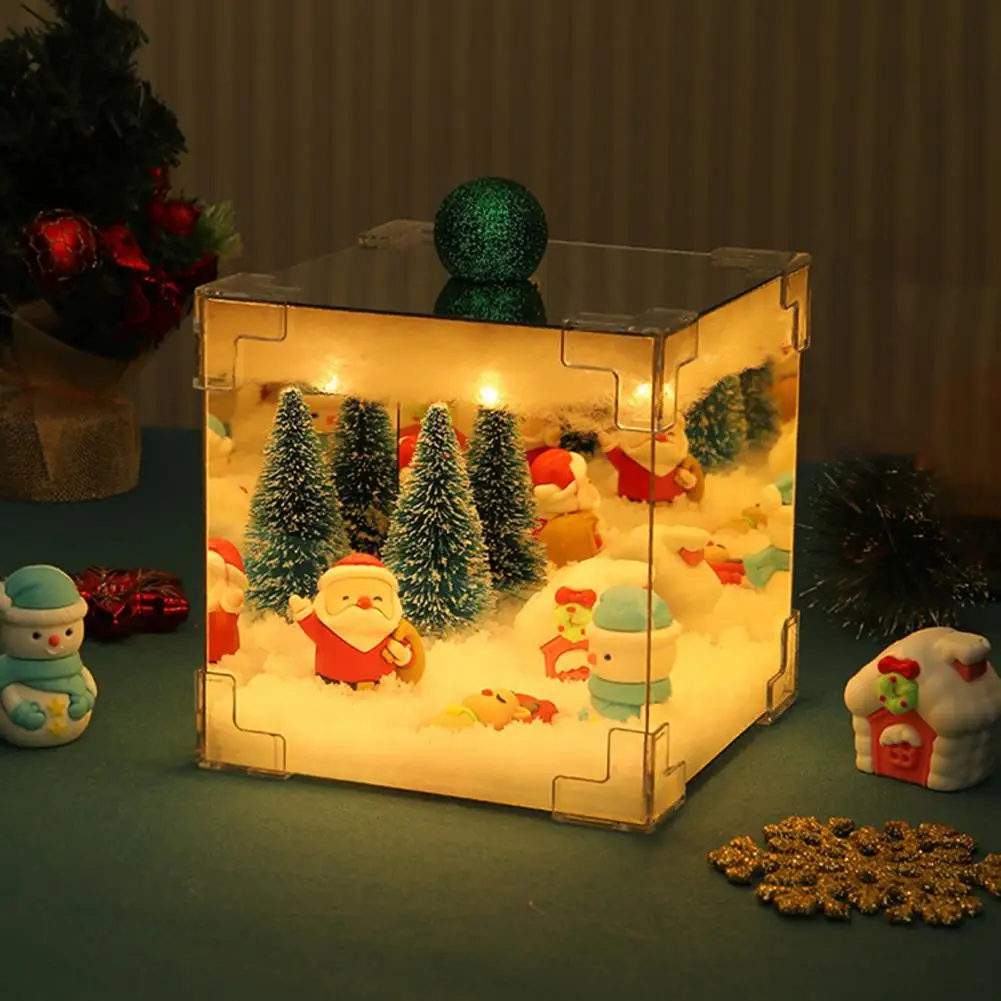 Desktop Night Lamp Festive Snow Scene Night Light Usb Powered Diy Crafts Project Featuring Santa Claus Snowman Mirror Cube