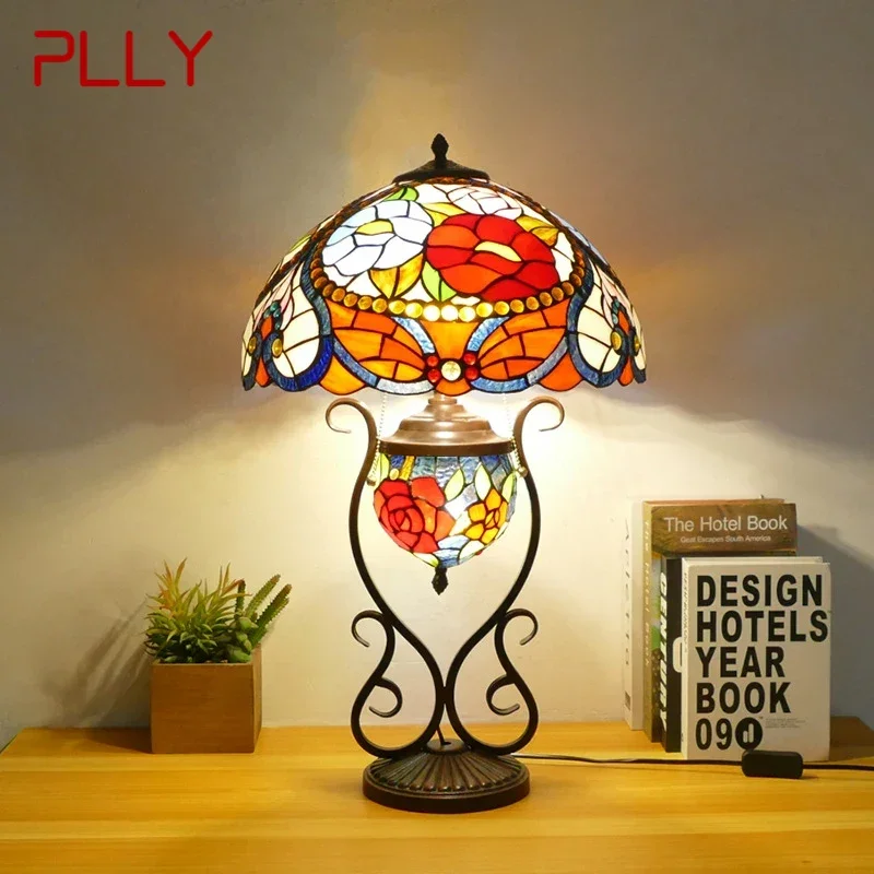 

PLLY Tiffany Table Lamp American Retro Living Room Bedroom Lamp Luxurious Villa Hotel Stained Glass Desk Lamp