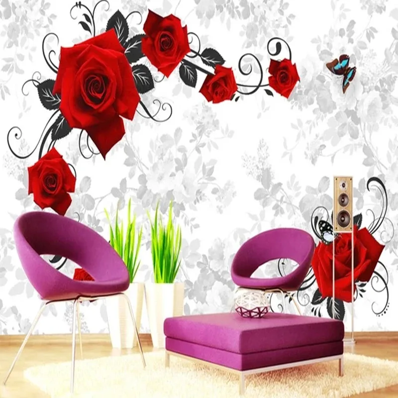 Custom 3D Stereo Red Rose Flowers Wallpaper Living Room TV Sofa Wedding House Romantic Background Wall Painting Papel De Parede