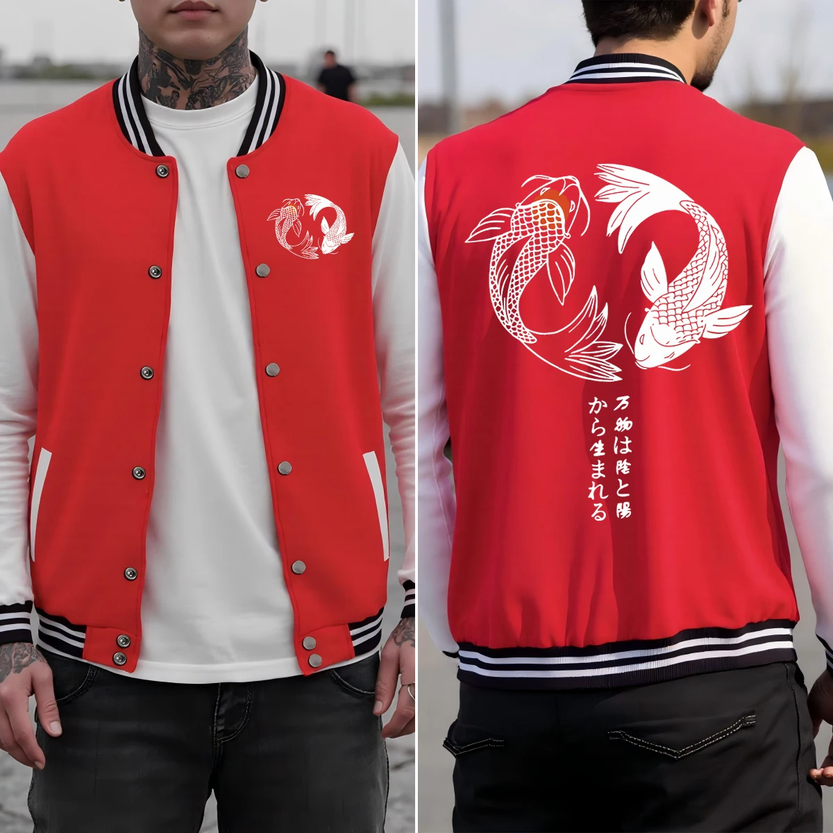 

Japanese Koi Harajuku Illustration Printing Men Jackets Autumn Cotton Baseball Uniform Loose Sportswear Colorful Clothes