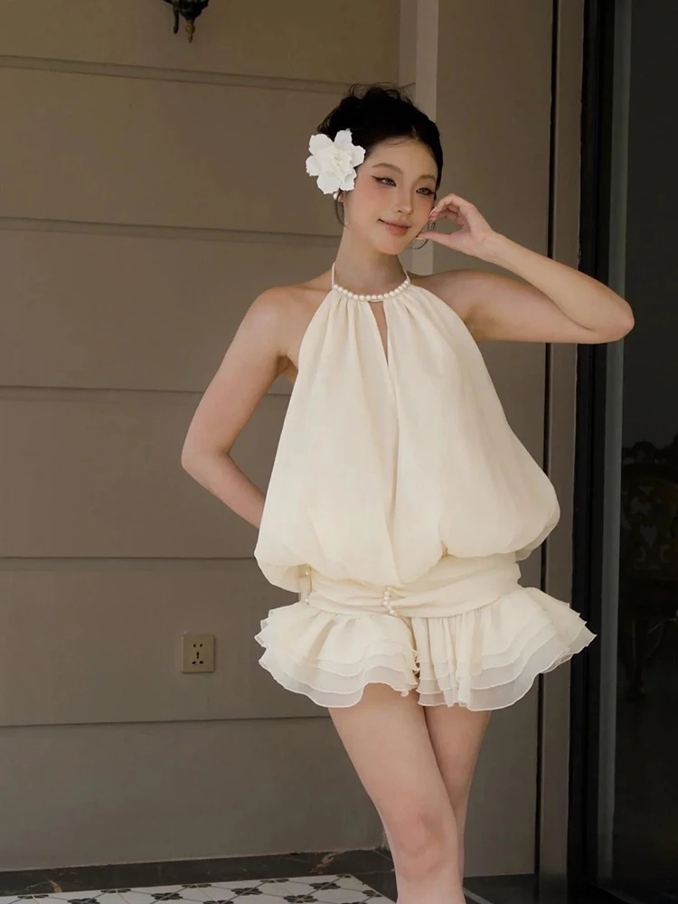 

Fashion Pearl Halter Backless Dresses Spring Women Sleeveless Slim Pleated Dress Summer High Waist Solid Neck Mounted Mini Dress