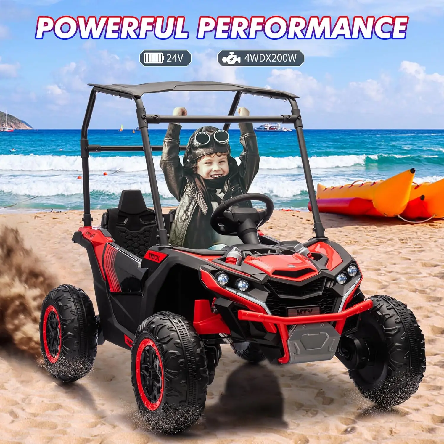24V Ride On Utv para niños, camión eléctrico de 2 plazas con parasol, coche eléctrico de juguete 4WD con control remoto, luces LED, 4 golpes A