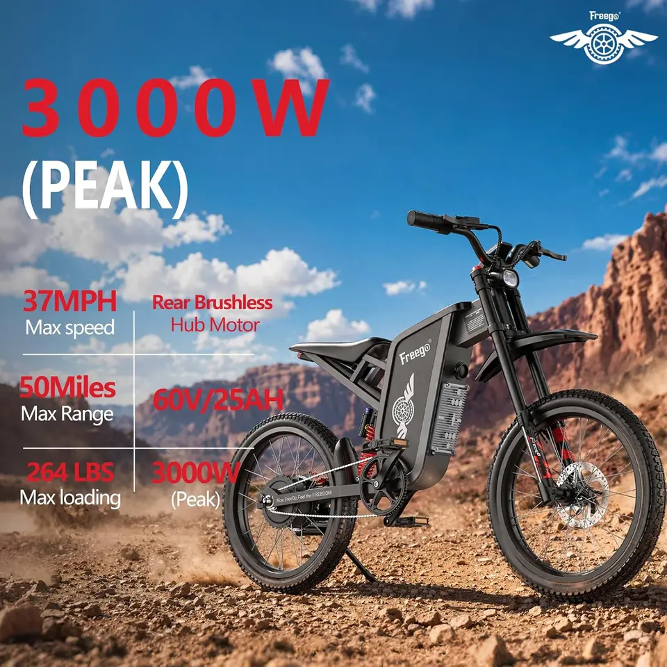 Freego X1 Electric bike 3000W Peak Motor 60V25Ah Battery 40 Miles Range Electric Motorcycles 17X1.6'' Tire Electric Dirt Bikes image 2