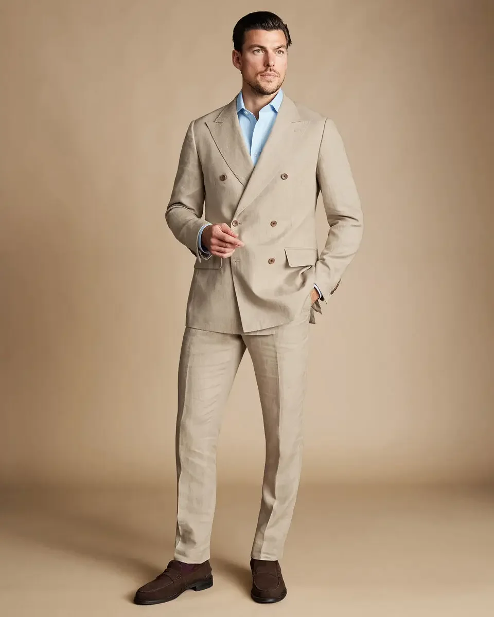 Ingent-Blazer Slim Fit à double boutonnage pour hommes, lin d'été élégant, imbibé intelligent, décontracté, ensemble 2 pièces personnalisé, haute qualité, zones Me Costume