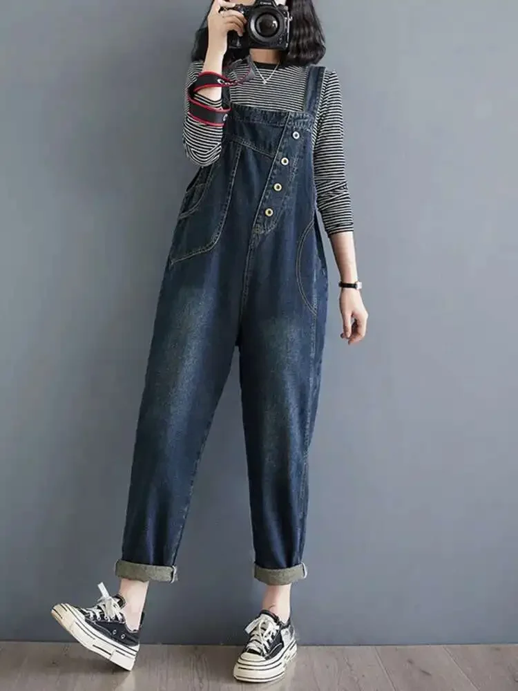 #1427 Blue Straight Denim Jumpsuits Women Ankle-legnth Streetwear Denim Overalls Female Loose Ladies Rompers Jumpsuits Spring