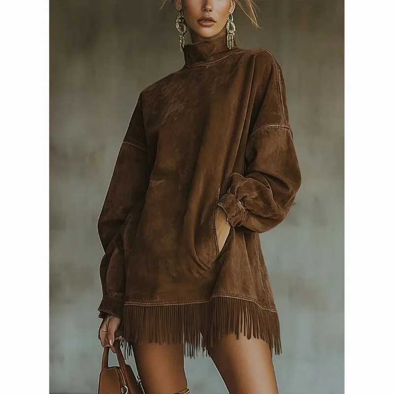 

Autumn and Winter New Dress Turtleneck Maillard Suede Retro Loose Pocket Fringed Long-sleeved Top