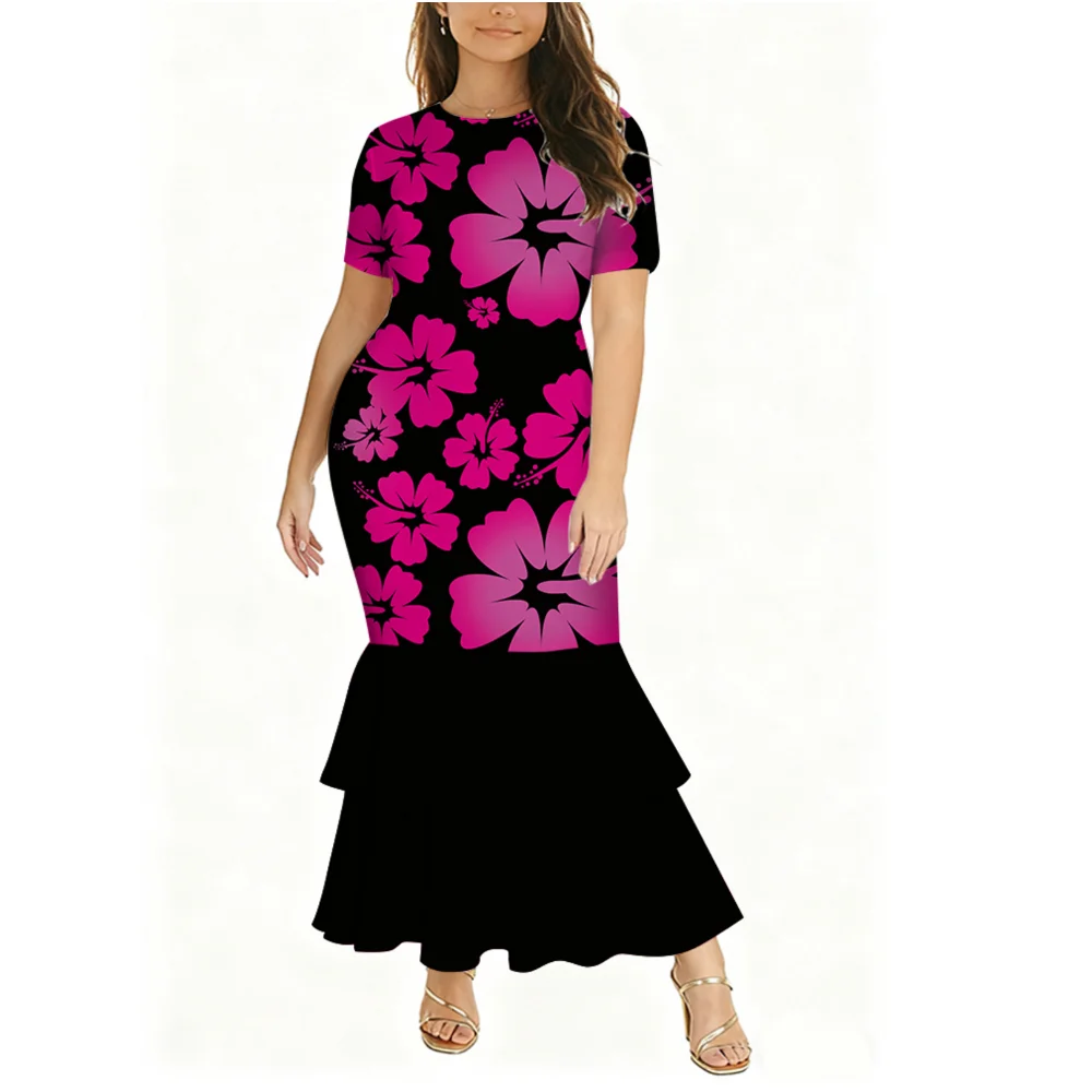 Pacific art island retro padrão feminino novo estilo em torno do pescoço de manga curta vestido de dupla camada banquete emagrecimento vestido de noite