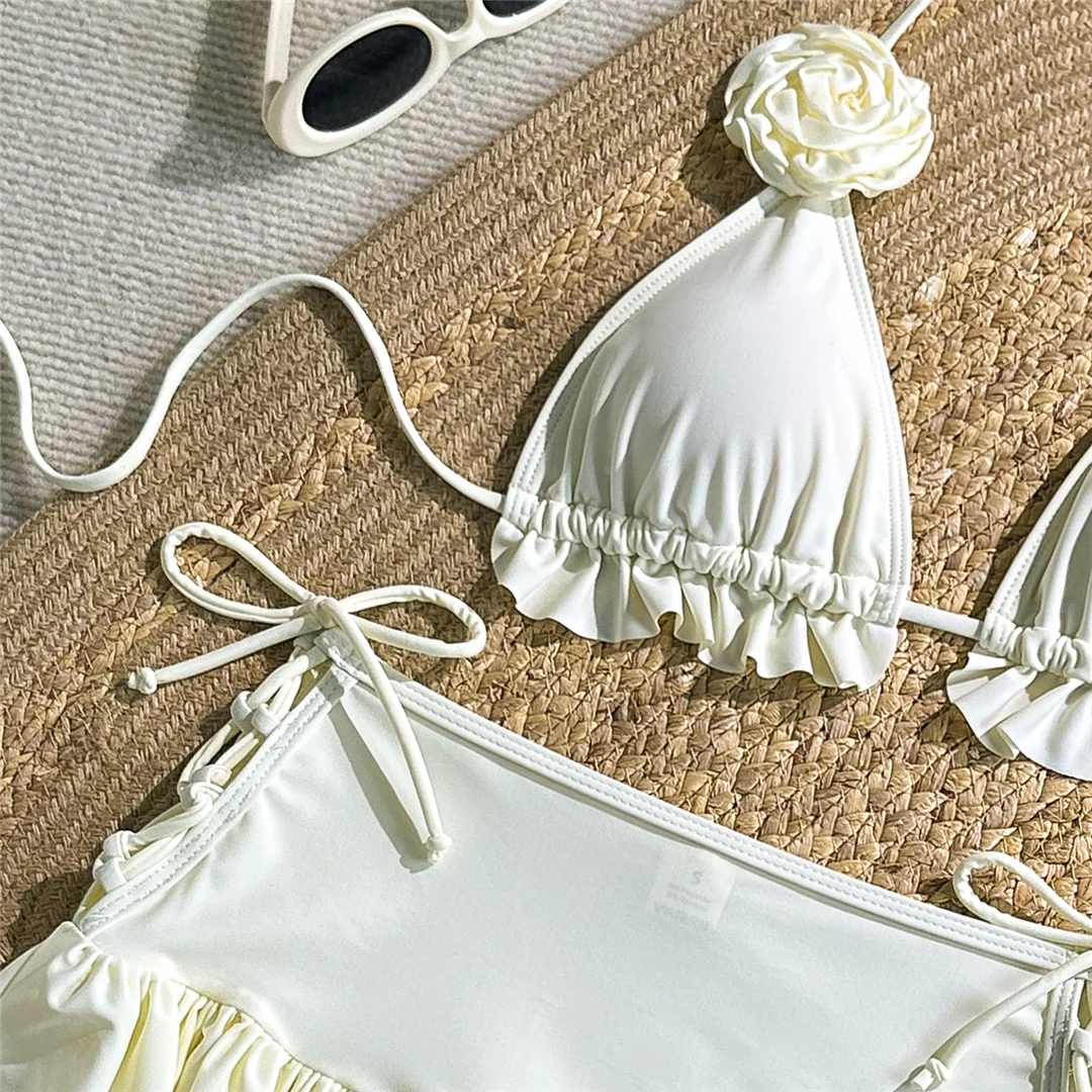 Mit Rock, 3D-Blumenmuster, Neckholder-Bikini, Damen-Badebekleidung, dreiteiliges Bikini-Set, Badeanzug mit Rüschen, Badebekleidung, Schwimmbekleidung V7442 – Detail 12