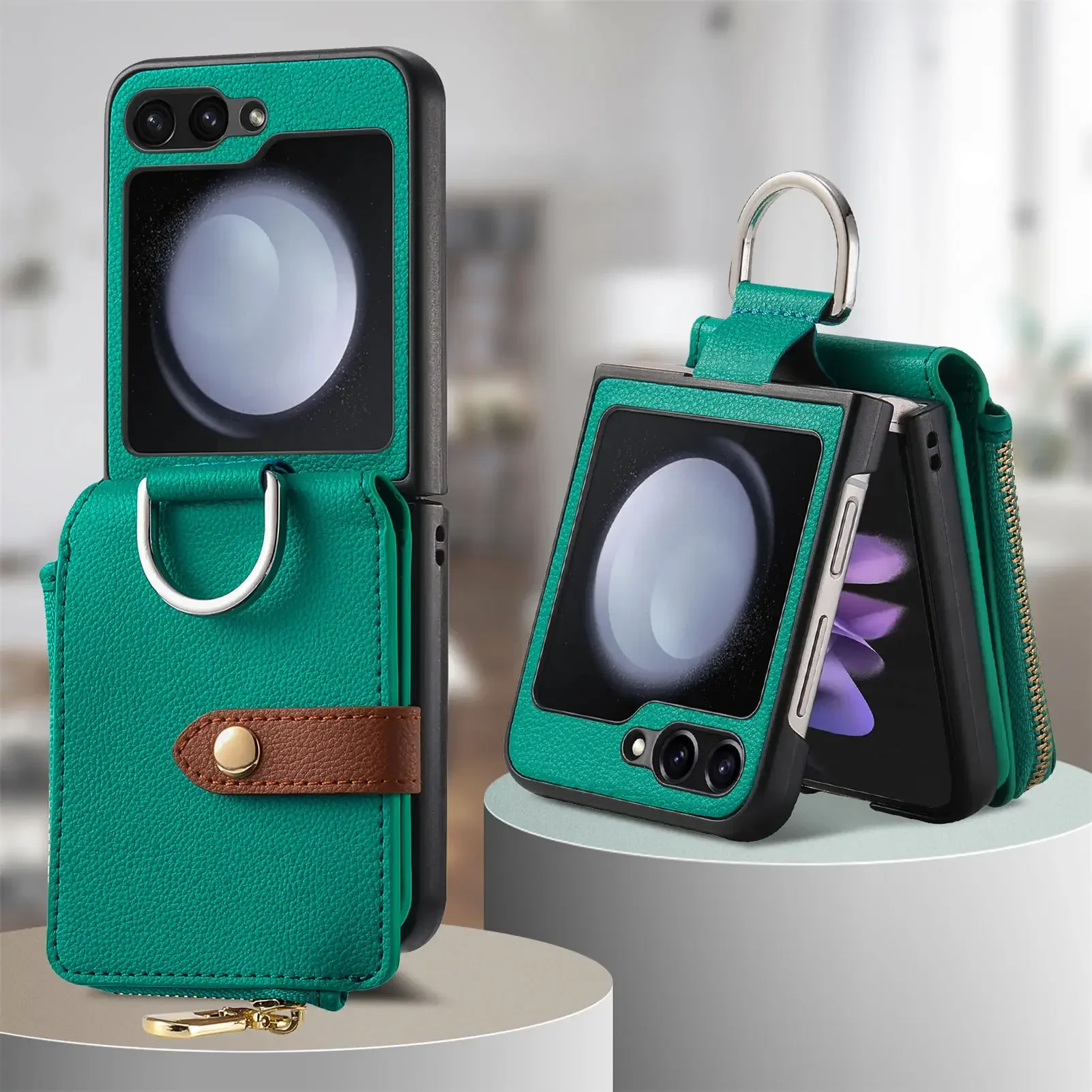 

Cards Solt Zipper Wallet Ring Holder Leather Case For Samsung Z Flip 6 5 4 3 5G Stand Shockproof Lychee Pattern Purse Bag Cover