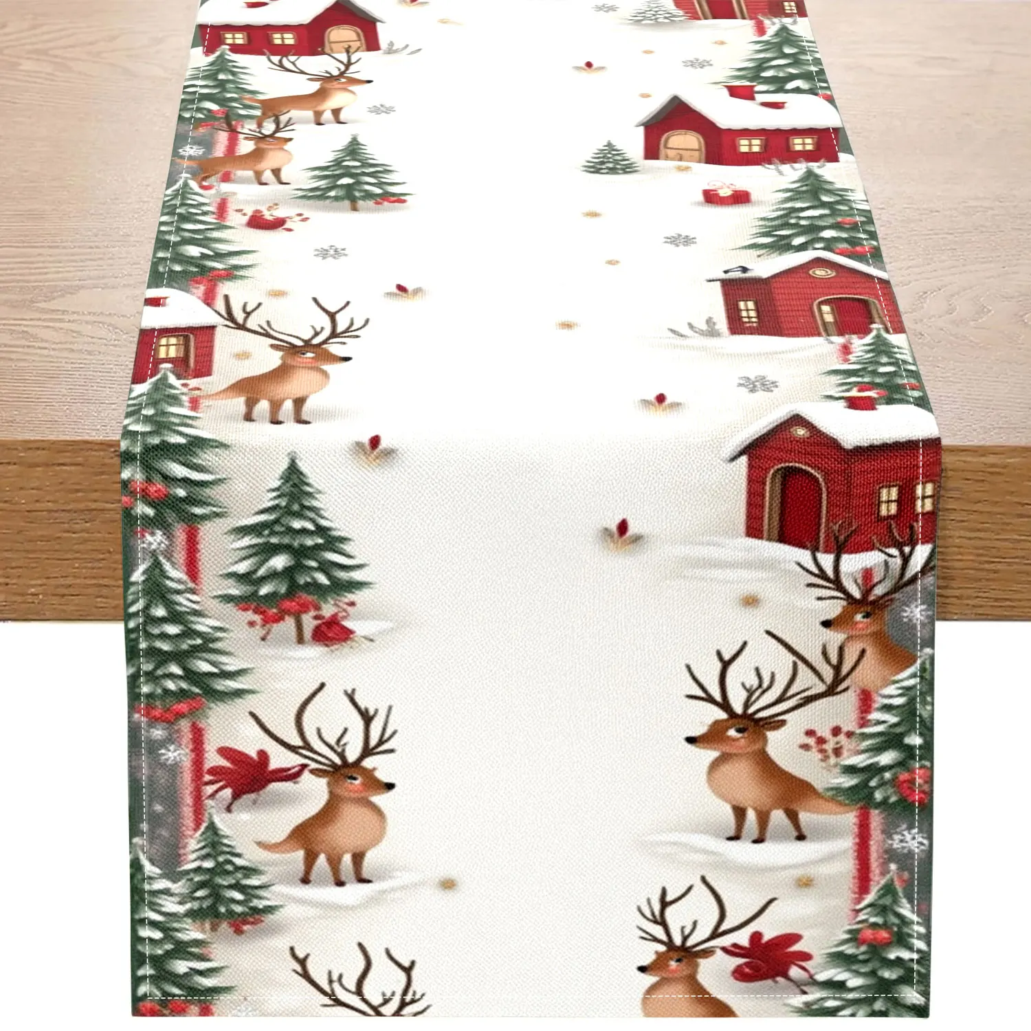 1 Piece of Christmas-Themed Table Runner, Featuring Santa Claus, Reindeer, Snow-Covered Cabins, Etc., Suitable for Christmas Parties and Holiday Home Decoration