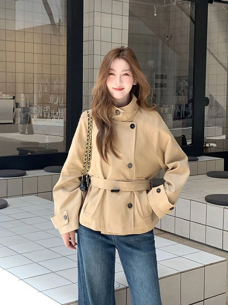 

Корейская уличная куртка на пуговицах, женская куртка с поясом и длинным рукавом, воротник-стойка, винтажные пальто, однотонная офисная женская повседневная верхняя одежда с карманами в стиле ретро