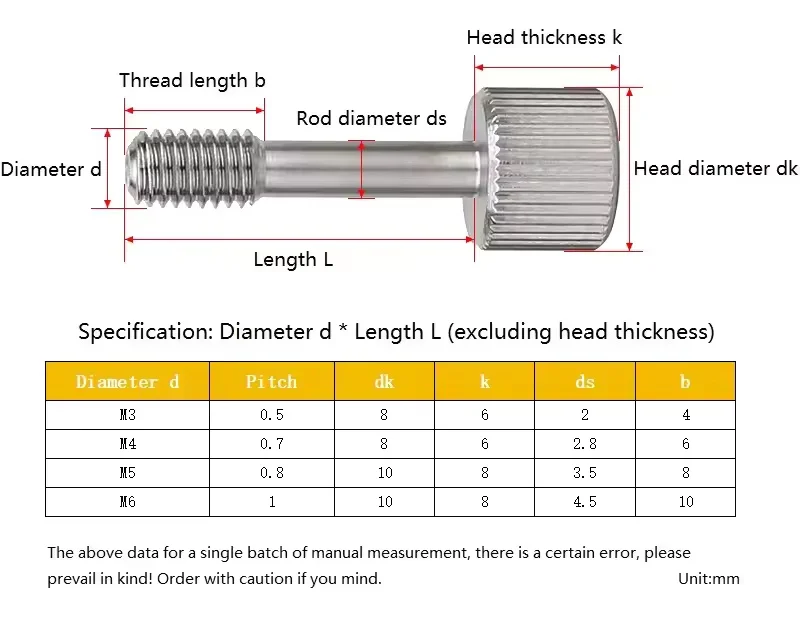 304 Stainless Steel Shank Hand Tighten Thumb Screw Flat Round Knurled Thumb Screws M3 M4 M5 M6