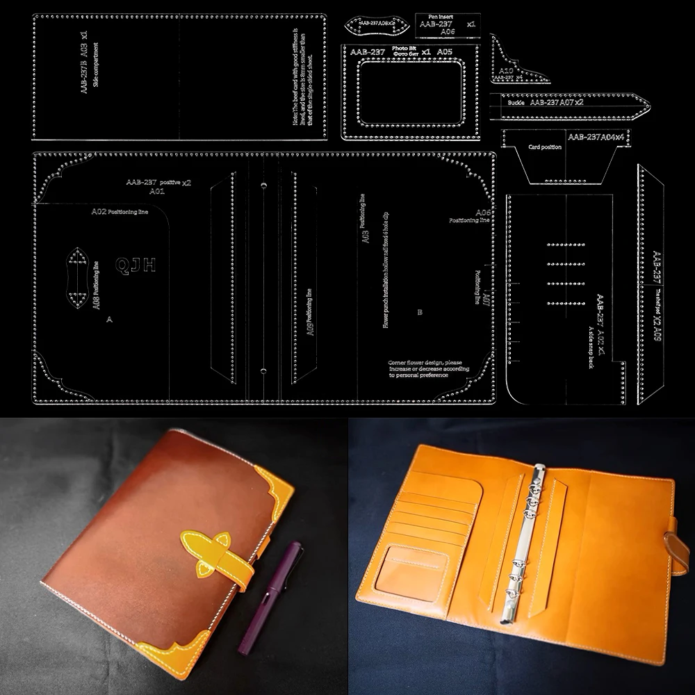 QJH 1 Set A5 Notizblock, Ledger-Notizbuch – Acryl-Vorlage (wiederverwendbar), DIY-Leder-Handarbeits-Schablonen zum Nähen mit Löchern